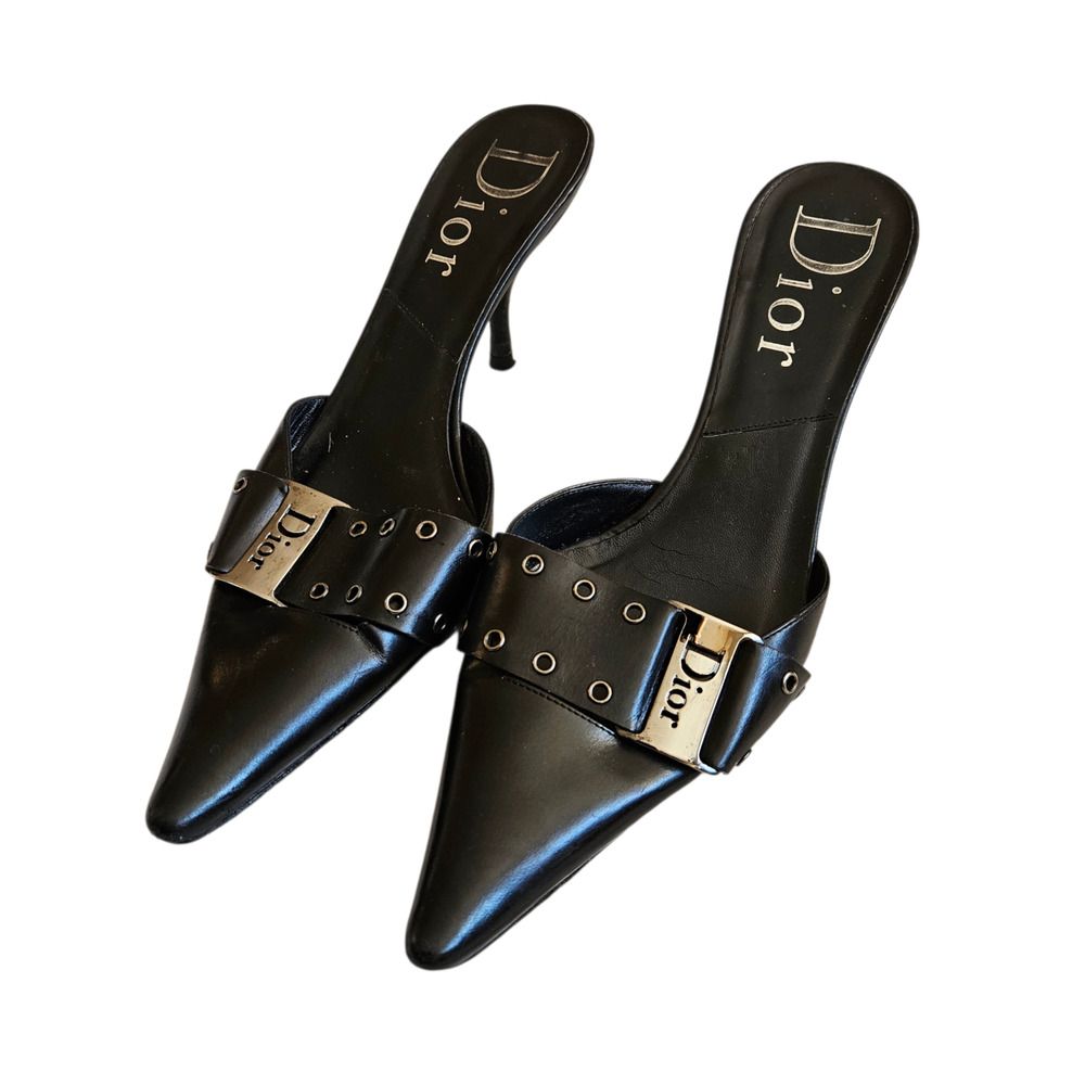 Y2k Dior Heels by John Galliano Pointed Toe Black Leather Mules - Size 38 - Picture 6 of 11